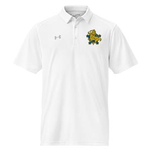 May include: White polo shirt with a collared neckline and short sleeves. Features a small gray logo on the left chest and a colorful emblem on the right chest. The shirt has a three-button placket.