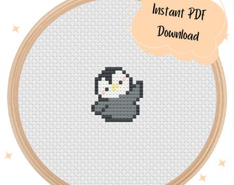 Schema punto croce mini simpatico pinguino che sventola - Download istantaneo del PDF - semplice motivo a forma di animaletto kawaii per principianti