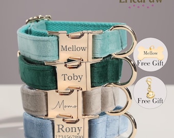 Velvet Personalise Dog Collar Leash Set with Bow, Engraved Pet Name Plate Metal Buckle,Wedding Puppy Gift, Puppy Christmas gift collar