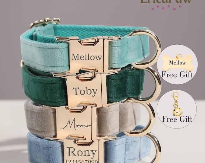 Velvet Personalise Dog Collar Leash Set with Bow, Engraved Pet Name Plate Metal Buckle,Wedding Puppy Gift, Puppy Christmas gift collar