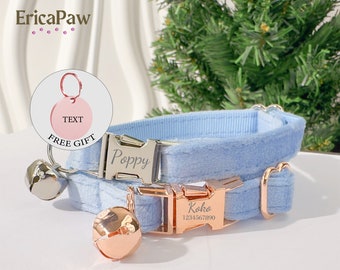 Personalized Blue Cat Collar, Custom Kitten Collar with bell, Collar Set with Bell, Engraved Pet Name Tag collar, Wedding Cat Collar Gift