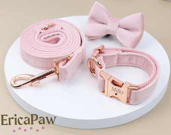 Personalized Pink Velvet Dog Collar, Custom Engraved Pet Collar, Engraved Pet Tag, Dog Leash, Puppy Collar, Gift for Pets, Dog Gifts