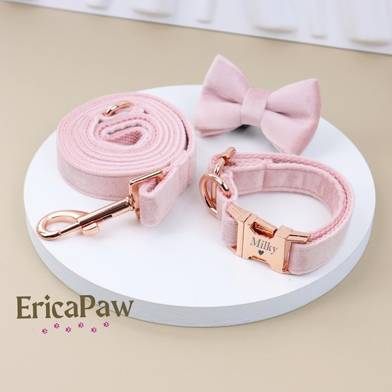 Personalized Pink Velvet Dog Collar, Custom Engraved Pet Collar, Engraved Pet Tag, Dog Leash, Puppy Collar, Gift for Pets, Dog Gifts
