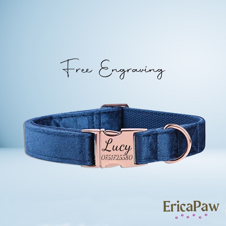 May include: A blue velvet dog collar with a rose gold buckle. The buckle is engraved with the name "Lucy" and a phone number. The collar is advertised with the text "Free Engraving".