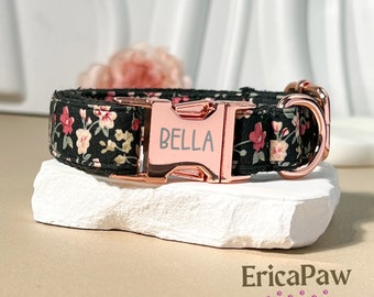 Personalized Floral Velvet Dog Collar, Custom Engraved Pet Collar, Engraved Pet Tag, Dog Leash, Puppy Collar, Gift for Pets, Dog Gifts
