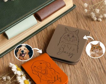 Engraved Pet Portrait Outline Bookmark, Personalized Magnetic Pet Bookmark, Leather Bookmark, Dog Mom Gift, Cat Lover Gift, Photo Bookmarks