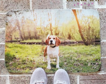 Puede incluir: Un perro beagle marrón y blanco está de pie en un campo de hierba con árboles en el fondo. El perro está mirando a la cámara. La imagen está impresa en una alfombra rectangular para la puerta.