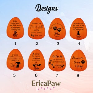May include: Eight orange stone designs with black text and paw prints. The designs include quotes about remembering a pet, such as "Listen to the wind and think of me. In your heart, I'll always be." and "Forever love Tony".