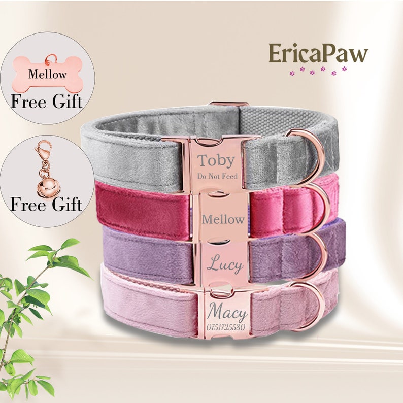 May include: Four pink, purple, red, and gray velvet dog collars with rose gold metal buckles and engraved name tags. The name tags read "Macy 0751725580", "Lucy", "Mellow", and "Toby Do Not Feed". The collars are stacked on top of each other. The image also includes two free gifts: a pink bone-shaped tag that says "Mellow Free Gift" and a small bell charm that says "Free Gift".