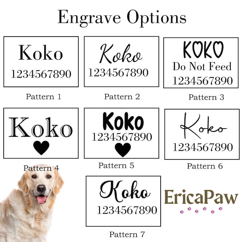 Pu&ograve; includere: Opzioni di incisione per un'etichetta per animali domestici con diversi stili di carattere e layout. Le opzioni includono un cuore, un'impronta di zampa e il nome del cane con numeri. Il testo recita "Koko 1234567890" e "EricaPaw".