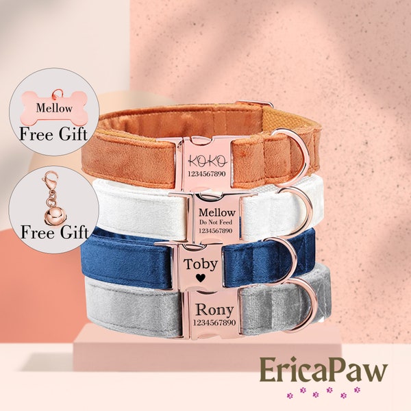 Collar de perro de terciopelo personalizado, collar de mascota grabado personalizado, etiqueta de mascota grabada, correa de perro, collar de cachorro, regalo para mascotas, regalos para perros