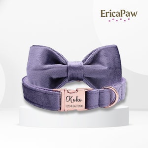 May include: A purple velvet dog collar with a matching bow tie and a rose gold name tag that reads "Koko 1234567890".
