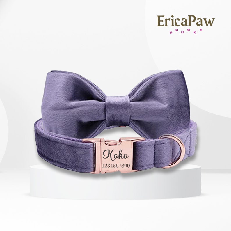 May include: A purple velvet dog collar with a matching bow tie and a rose gold name tag that reads "Koko 1234567890".