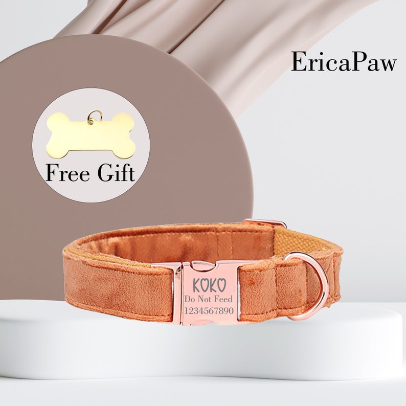 May include: A brown velvet dog collar with a rose gold buckle that says "KOKO Do Not Feed 1234567890". The collar comes with a free gold bone-shaped dog tag.