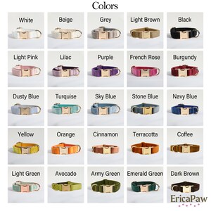 May include: A chart of 20 different colors of velvet dog collars with gold buckles. The colors include white, beige, grey, light brown, black, light pink, lilac, purple, French rose, burgundy, dusty blue, turquoise, sky blue, stone blue, navy blue, yellow, orange, cinnamon, terracotta, coffee, light green, avocado, army green, emerald green, and dark brown.