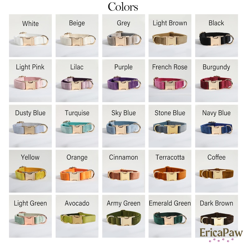 May include: A chart of 20 different colors of velvet dog collars with gold buckles. The colors include white, beige, grey, light brown, black, light pink, lilac, purple, French rose, burgundy, dusty blue, turquoise, sky blue, stone blue, navy blue, yellow, orange, cinnamon, terracotta, coffee, light green, avocado, army green, emerald green, and dark brown.