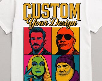Anpassad popkonstporträttskjorta, Warhol-stil fotoskjorta, personlig ansikts-T-shirt Anpassad bildskjorta Husdjur/Familj/Par-present, Retro 4-panels FD
