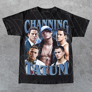 May include: Black t-shirt with a collage of Channing Tatum images and the text "CHANNING TATUM" in a blue, vintage font. The design incorporates lightning bolt graphics, giving it a retro appearance.