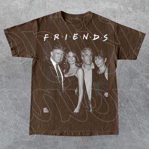Peut inclure: T-shirt marron avec une image en noir et blanc de quatre personnes et le mot "FRIENDS" en blanc au-dessus. Le t-shirt a un col rond et des manches courtes.