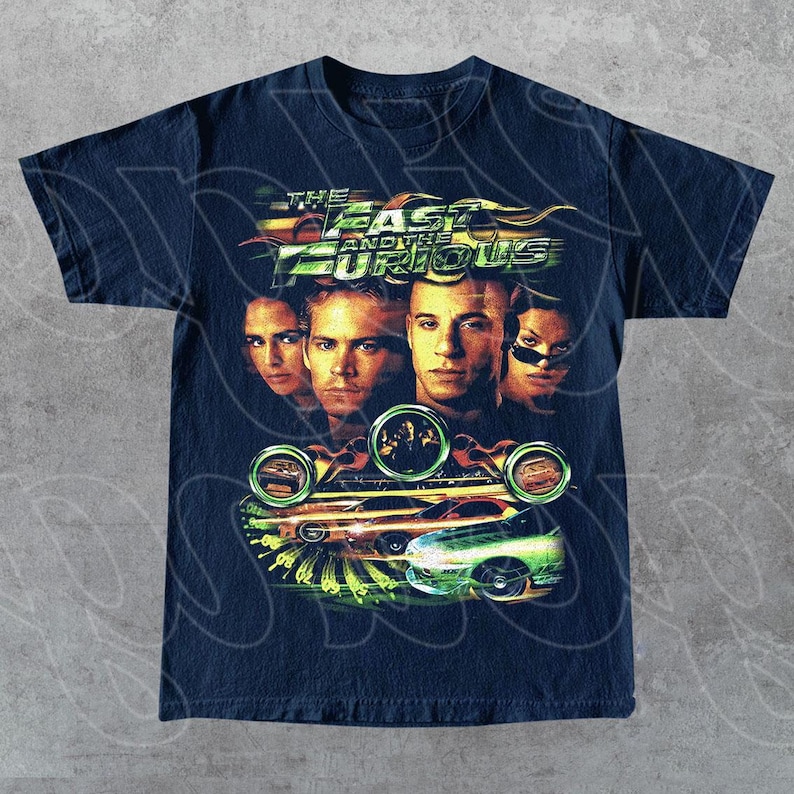 The Fast and The Furious, Street Racing Action Movie Tee, Vin Diesel, Paul Walker Graphic, Car Culture Film Merch Gift for Fan T-Shirt FD Navy