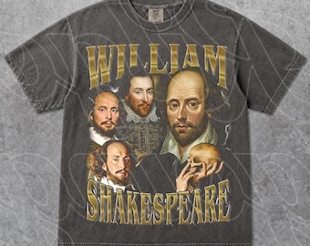 May include: Dark gray t-shirt featuring a vintage-style graphic of William Shakespeare and the text "WILLIAM SHAKESPEARE" in gold lettering. The design includes portraits of Shakespeare. The shirt has a crew neck and short sleeves.