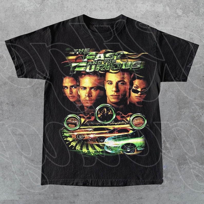 The Fast and The Furious, Street Racing Action Movie Tee, Vin Diesel, Paul Walker Graphic, Car Culture Film Merch Gift for Fan T-Shirt FD Black