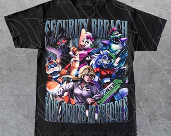 T-shirt med säkerhetsintrång, Five Nights at Freddys grafisk t-shirt, FNAF-videospel, retro skräcktröja med spelmotiv, Halloween-present för kvinnor och män FD