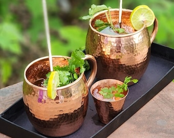 Pure Copper Hammered Moscow Mule Mugs, Matte Finish, Handmade Solid Cups