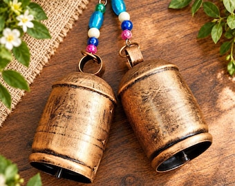 Antique Cow Bells – Rustic Christmas Chimes with Beaded Chain (6 Inch)