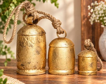 Set of 3 Antique Harmony Cow Bells, Rustic Shabby Chic Chimes (8-6-4 Inch)