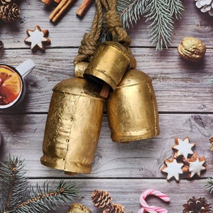 Set di 3 campanelli per mucche Harmony, campanelle giganti antiche, campanelli portafortuna per regali di Natale con corda, campanelli in stile rustico shabby chic, carillon sospesi