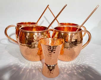 Handmade Copper Moscow Mule Mug Set: 4 Mugs, Straws & Jigger