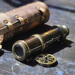 Personalized Working Telescope, Spyglass with Engravable Wooden Case, Brass Monocular Gifts for Backpackers, Custom Scope for Bird Watching