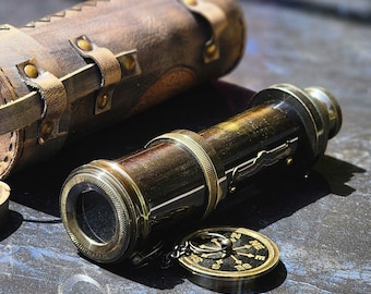 Personalized Working Telescope, Spyglass with Engravable Wooden Case, Brass Monocular Gifts for Backpackers, Custom Scope for Bird Watching