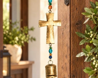Personalized Cross Bell, Rustic Christian Wall Hanging, Engraved Iron Cross Decor, Religious Gift, Farmhouse Door Bell, Housewarming Gift