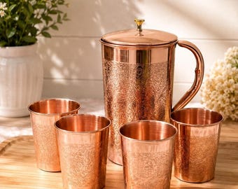 Personalized Pure Copper Pitcher 50oz for Drinking Water, Tumblers 8oz and Bottle 34oz Optional, Keepsake Gift for Weddings, Christmas Gift
