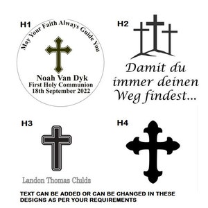 May include: Four different designs for a cross-shaped religious symbol. The first design is a circle with a cross inside and the text "May Your Faith Always Guide You" around the cross. The second design is three crosses with the text "Damit du immer deinen Weg findest..." below. The third design is a simple black cross. The fourth design is a black cross with a more ornate design.