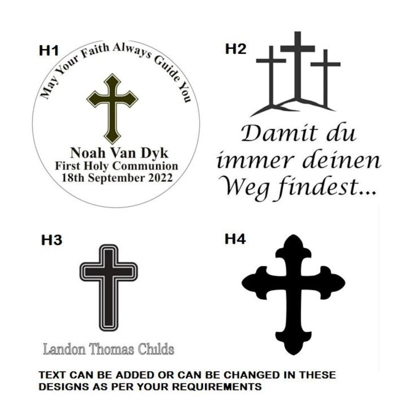 May include: Four different designs for a cross-shaped religious symbol. The first design is a circle with a cross inside and the text "May Your Faith Always Guide You" around the cross. The second design is three crosses with the text "Damit du immer deinen Weg findest..." below. The third design is a simple black cross. The fourth design is a black cross with a more ornate design.