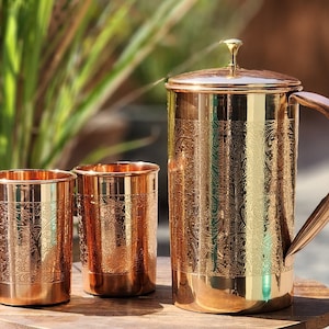 AWF Pure Copper Water Jug Pitcher 50 fl oz with Copper Tumblers 8oz, handmade gift, Ayurveda Copper, unique design gift, baptism keepsake