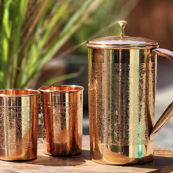 AWF Pure Copper Water Jug Pitcher 50 fl oz with Copper Tumblers 8oz, handmade gift, Ayurveda Copper, unique design gift, baptism keepsake