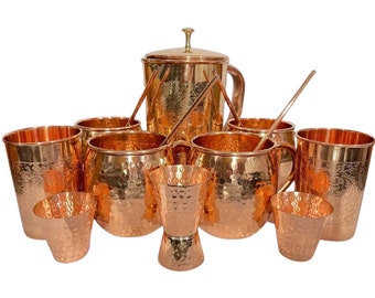 Handmade Hammered Copper Moscow Mule Mug Set: Barware with Pitcher & Jigger