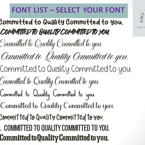 Puede incluir: Una lista de fuentes con once estilos diferentes, cada uno mostrando la frase "Committed to Quality Committed to you." El texto es negro, con una variedad de fuentes. La parte superior de la imagen tiene el texto "FONT LIST - SELECT YOUR FONT."