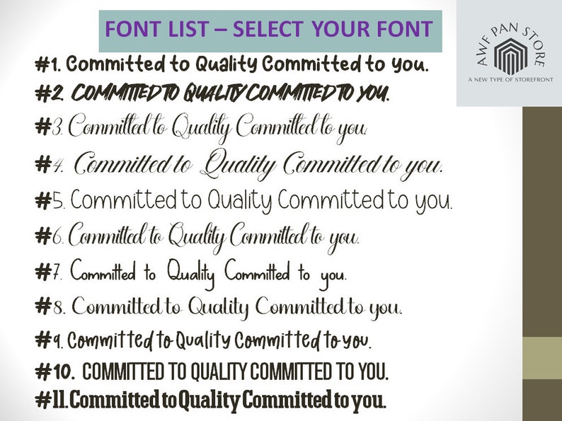 Puede incluir: Una lista de fuentes con once estilos diferentes, cada uno mostrando la frase "Committed to Quality Committed to you." El texto es negro, con una variedad de fuentes. La parte superior de la imagen tiene el texto "FONT LIST - SELECT YOUR FONT."