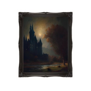 May include: A framed painting of a dark castle silhouetted against a moonlit sky. The castle is surrounded by trees and a river. The painting is in a dark wood frame.