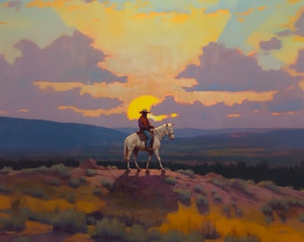 The sunset rider. Original oil artwork. Digital download. Cowboy western painting. Digital art Print. Poster. Gothic Home Decor.