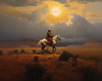 The sunset rider. Original oil artwork. Cowboy western painting. Digital art Print. Poster. Western style Home Decor.