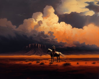 The rider of the storm. Original oil artwork. Cowboy western painting. Digital art Print. Poster. Gothic Home Decor.
