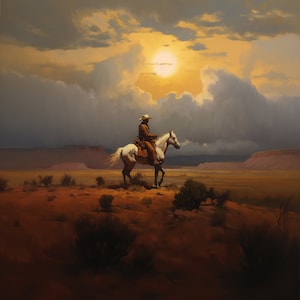 Der Sonnenuntergangsreiter. Original Ölgemälde. Cowboy Western Gemälde. Digitaler Kunstdruck. Plakat. Westlicher Stil Wohnkultur.