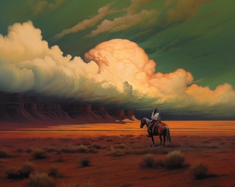 Into the storm. Original oil artwork. Cowboy western painting. Digital art Print. Poster. Gothic Home Decor.