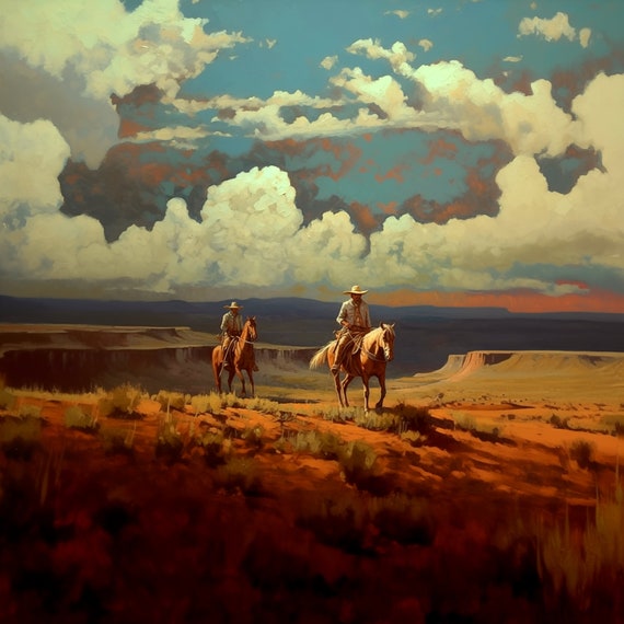 The riders VXXI. Original oil artwork. Cowboy western painting. Digital art Print. Poster. Gothic Home Decor.